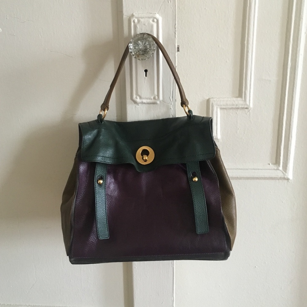 Leather Colorblock Top-Handle Bag in Green, Purple & Tan